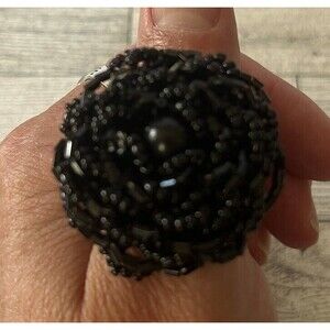 Flower Ring Seed Bead Black Fits Any Size Finger 1.75" Round Fashion Jewelry